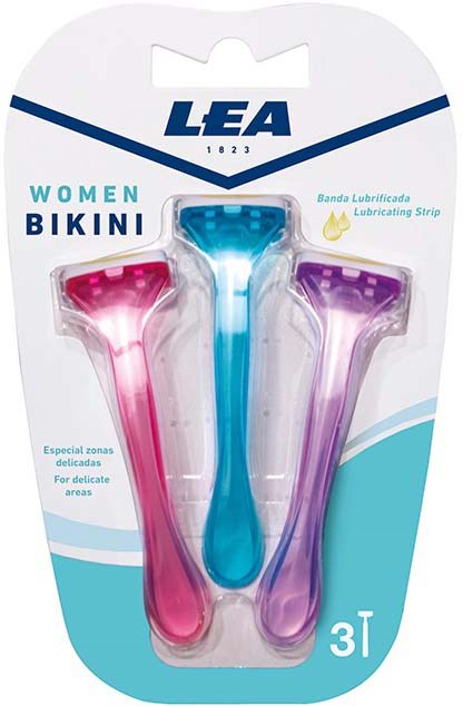 Drie scheermessen in roze, paars en blauw voor vrouwen; verpakt voor delicate gebieden, aanbevolen door LEA.