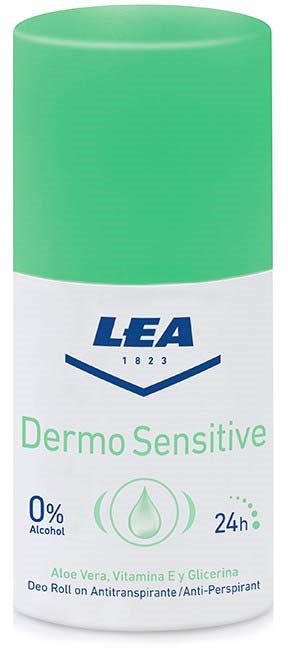 Groen-witte roll-on deodorant met 'LEA Dermo Sensitive' label. Bevat aloë vera, vitamine E en glycerine, werkt 24 uur.