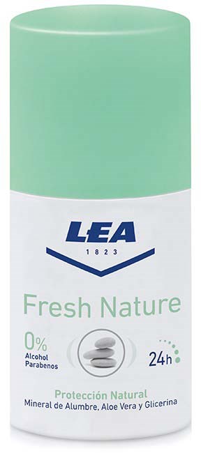 Een groenwitte roll-on met LEA-logo, vermeldt natuurlijke bescherming, 24 uur, aloë vera en kamille.