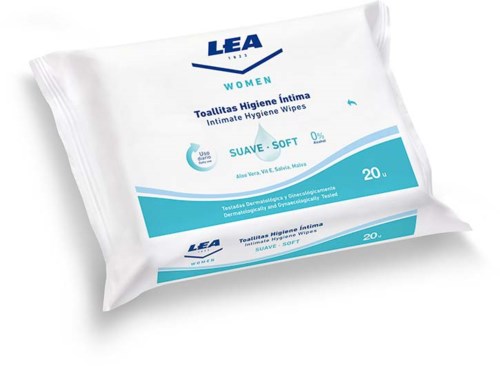 Vit förpackning med intimvårdsservetter för kvinnor, märkt 'SUAVE - SOFT', innehåller 20 servetter, med blå och vit design.