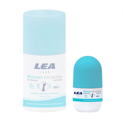 Een vrouwen deodorant- en antitranspirantestick, labeled 'LEA Women Invisible' met 0% alcohol, aloë vera, werkt 48 uur.