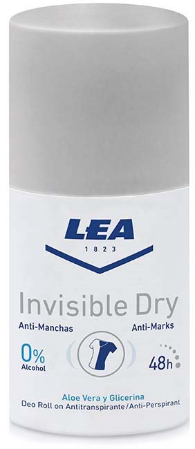 En vit rullande deodorant med blå och svart text, märkt "LEA Invisible Dry," innehållande aloe vera och glycerin.