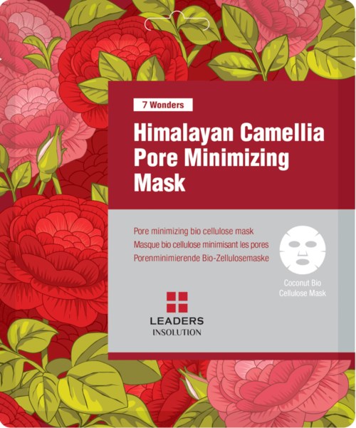 En förpackning med en röd blomsterbakgrund och en etikett för en Himalaya Camellia pore-minimeringsmask.