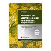 Ett grönt och gult paket för en hudvårdsprodukt kallad Brightening Mask, med olivblad och blommor i design.