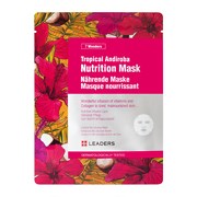 En rosa förpackning för en tropisk Andalusisk näringsmaskin med text och illustrationer av blad och blommor.