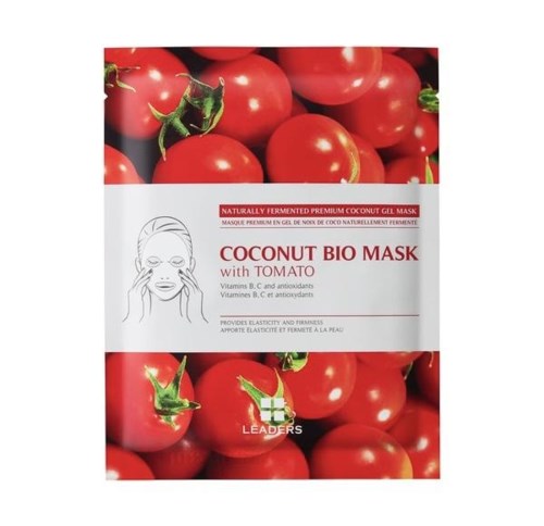 Ett ansiktsmaskpaket med tomater och körsbär, främjar naturliga ingredienser och hudfördelar.