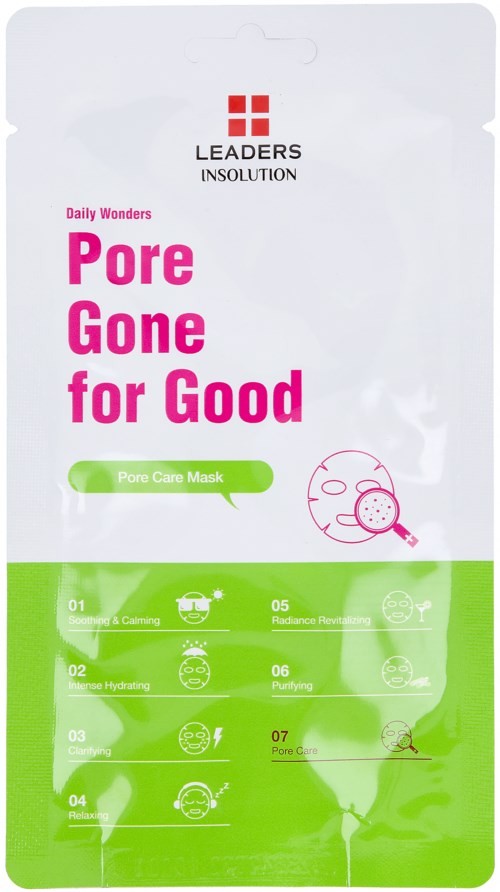 Ett hudvårdsförpackning med namnet 'Pore Gone for Good' med fördelar listade och en illustration av en ansiktsmask.