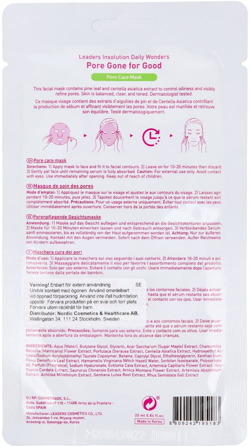 Ett paket för ansiktsmask med instruktioner och varningar, inklusive illustrationer av ansikte och maskapplikation.