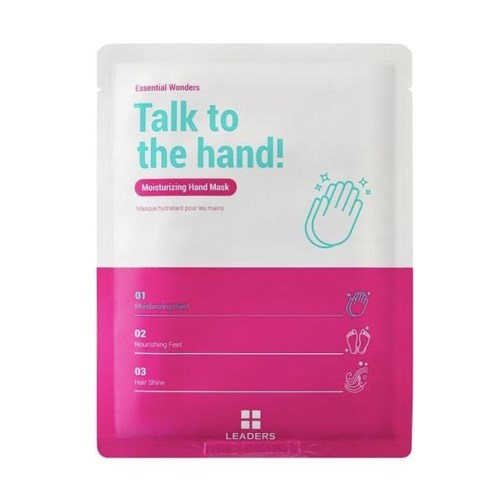 Ett paket med återfuktande handmask med instruktioner för att prata med handen, inkluderar ikoner för hand, fötter och hårglans.
