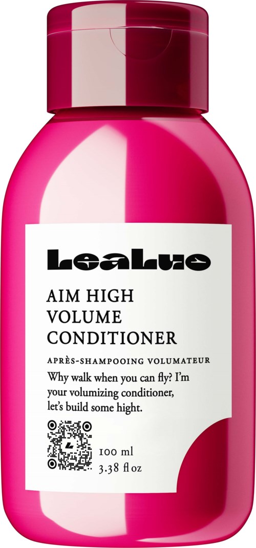 Pink bottle of Lealove Aim High Volume Conditioner with black and white label.