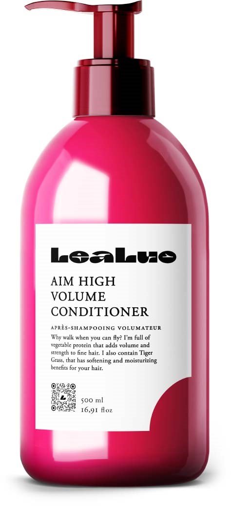 Pink bottle of hair conditioner with a pump, labeled 'Lealuo Aim High Volume Conditioner.'