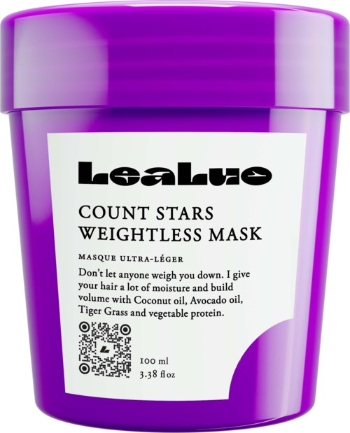 Lila behållare för hårmask med svart och vit etikett, nämner att det är en viktlös mask med naturliga ingredienser.