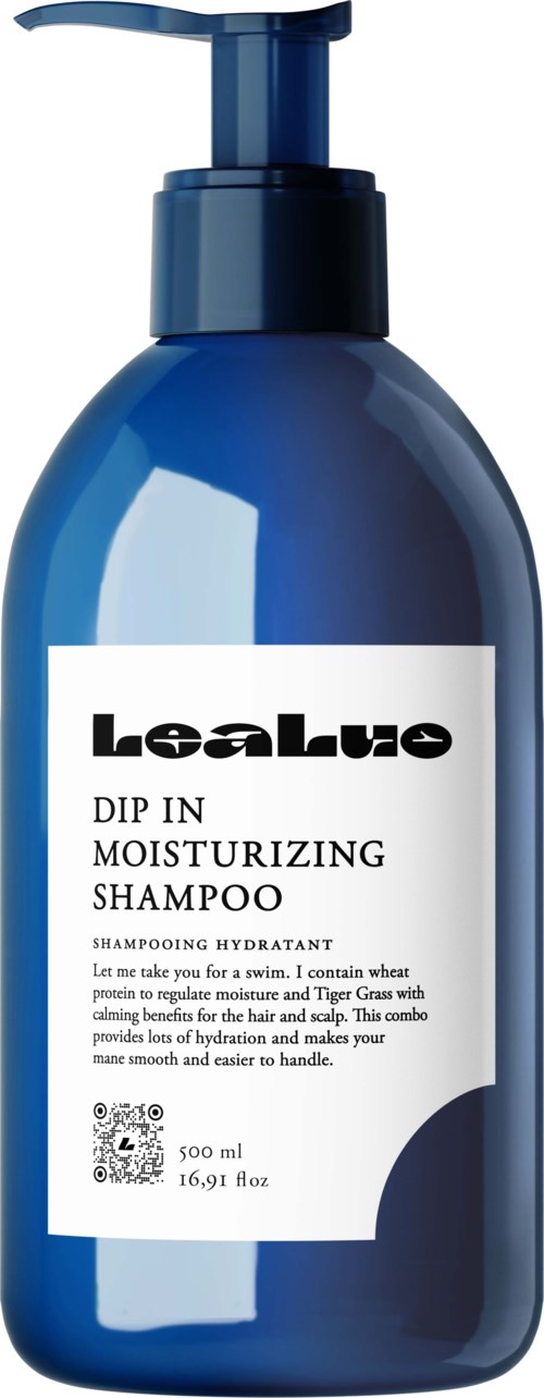 A blue bottle of Lealove moisturizing shampoo with a pump top, labeled with product details and a QR code.