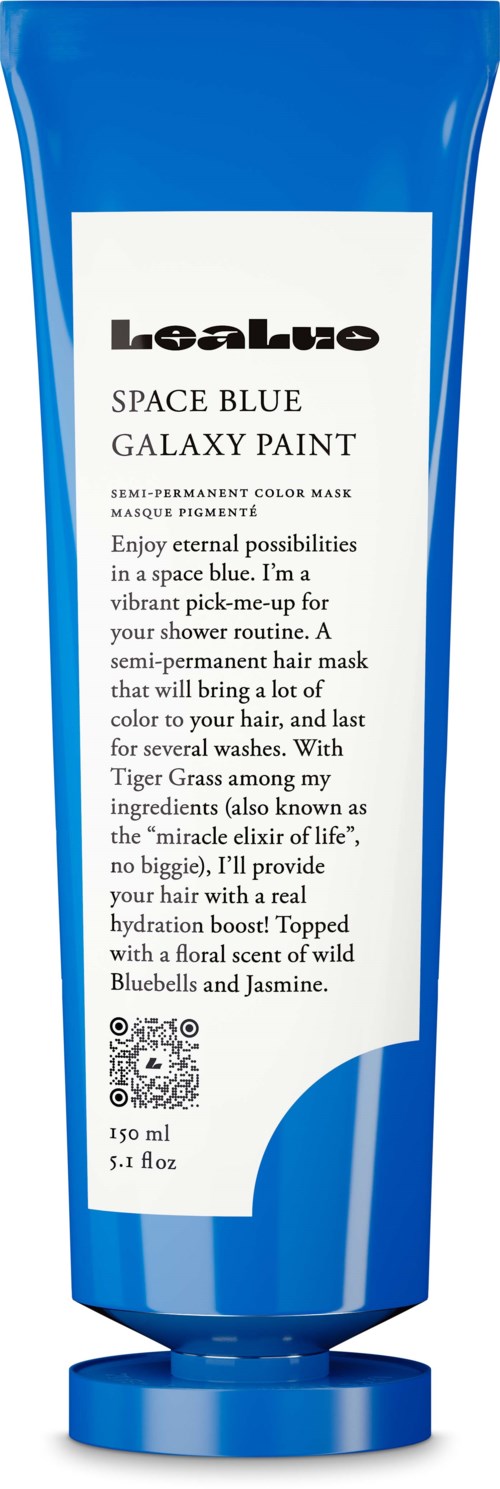 Blue tube of semi-permanent hair color named Space Blue Galaxy Paint by LeaLue.