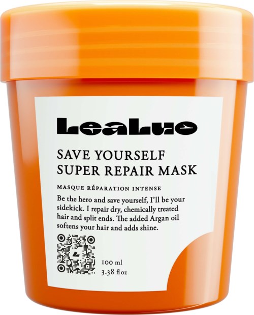 Oransje beholder med Lealue Save Yourself Super Repair Mask for skadet hår, næring med Arganolje.