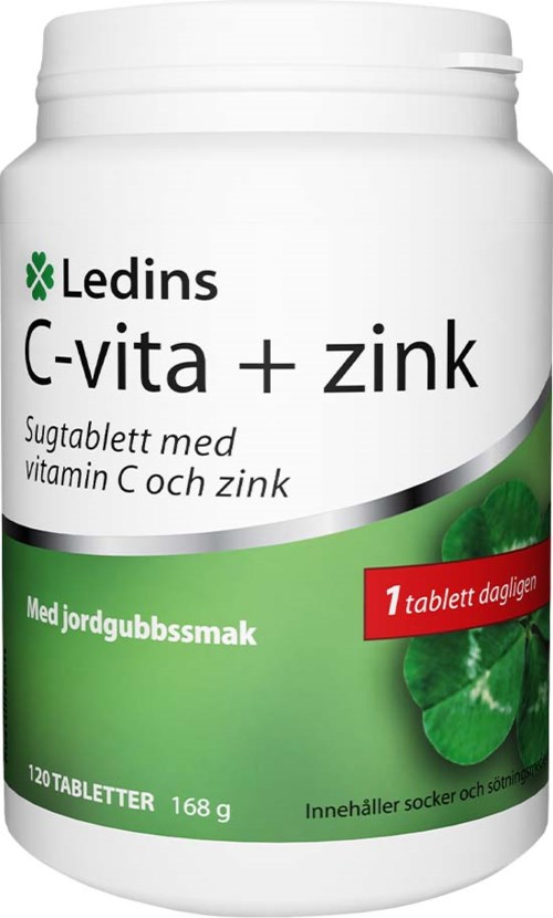 Valkoinen Ledins C-vitamiini ja sinkkipakkaus, vihreällä etikalla ja ginseng-kuvalla sekä punaisella päivittäisannoksen muistutuksella.