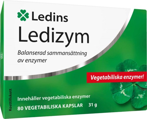 Vihreä laatikko, jossa valkoinen ja punainen etiketti, sisältää 80 kasvipohjaista entsyymikapselia, paino 31 grammaa.