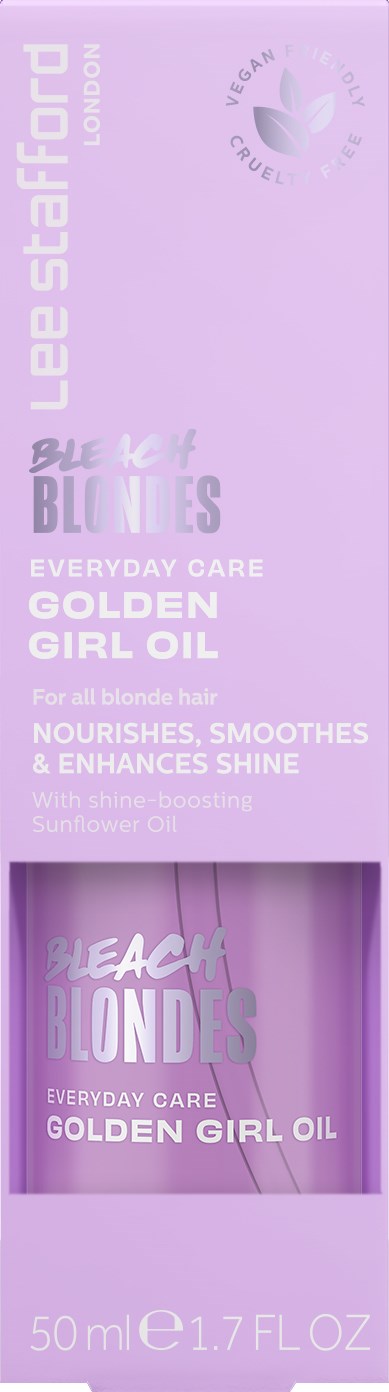 Lila doos met tekst over haarverzorging, noemt Golden Girl Oil en voedende, gladmakende eigenschappen.