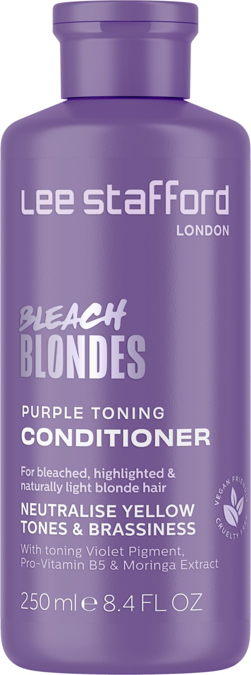 Een paarse fles Lee Stafford bleach blondes conditioner met productgegevens op het label.