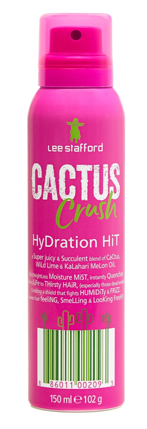 Pink spray bottle labeled 'Cactus Crush' Hydration Hit for hair. Contains watermelon, lime, and aloe vera. 150 ml.