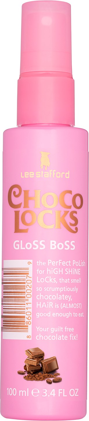 Pink spray bottle labeled 'Choco Locks Gloss Boss' with chocolate images and description.