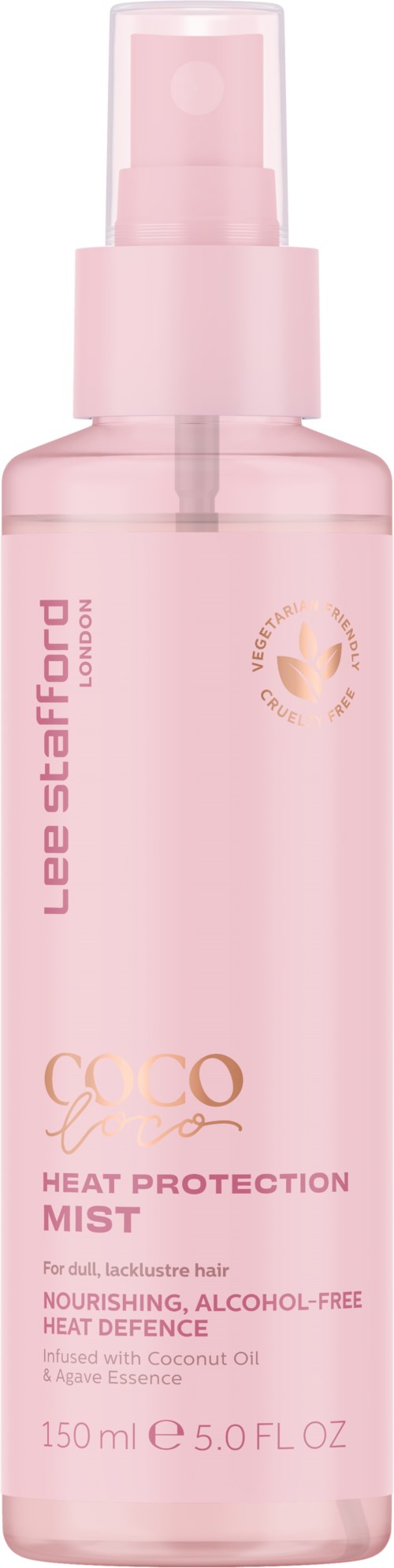 Ljusrosa sprayflaska märkt 'GCOCO Heat Protection Mist' för hår, innehåller närande alkoholfria ingredienser, 150 ml.