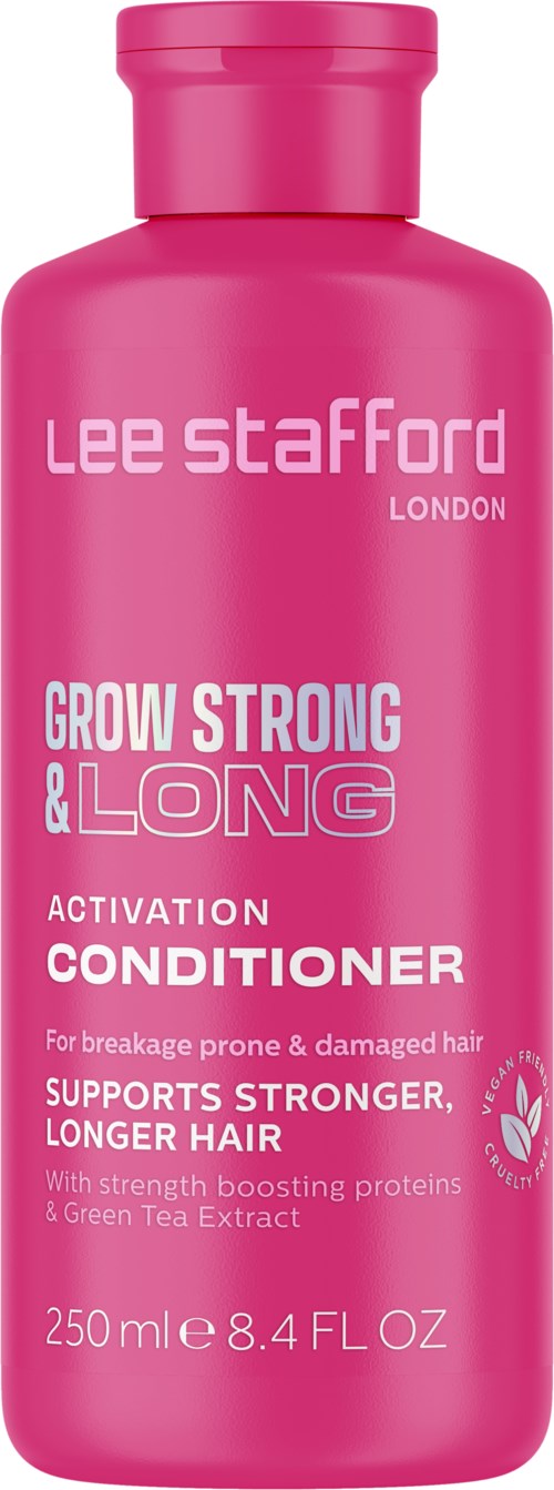 Roze flesje met 'Lee Stafford' label met haarverzorgingsproducten voor groei en kracht. Bevat groene thee-extract.
