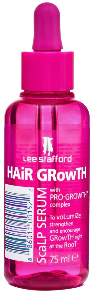 Pink scalp serum bottle with a dropper cap, labeled for hair growth with a focus on root strengthening.