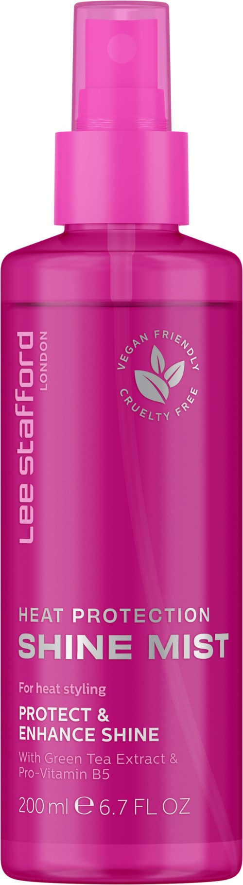 Roze sprayfles met label voor hittebescherming, glansmist, met groene thee-extract en vitamine B5, 200 ml.