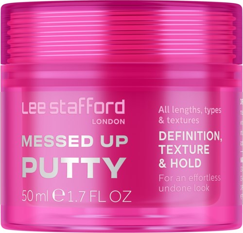 Roze pot Lee Stafford Messed Up Putty, 50ml, met tekst over haartextuur en hold.
