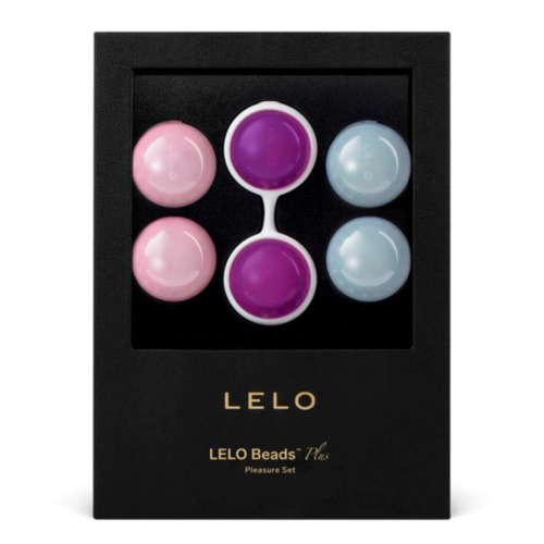 Mustakotelo, jossa on kuusi pastellisävyistä helmeä roosasta, violetista ja sinisestä, järjestetty kahteen riviin, nimeltä LELO Beads Plus Pleasure Set.