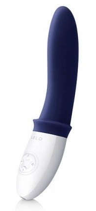 A blue and white curved device, likely a personal massager or vibrator, with control buttons on the white part.