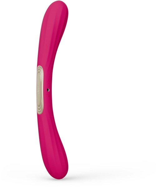 A pink curved device with a white button and a small black hole.
