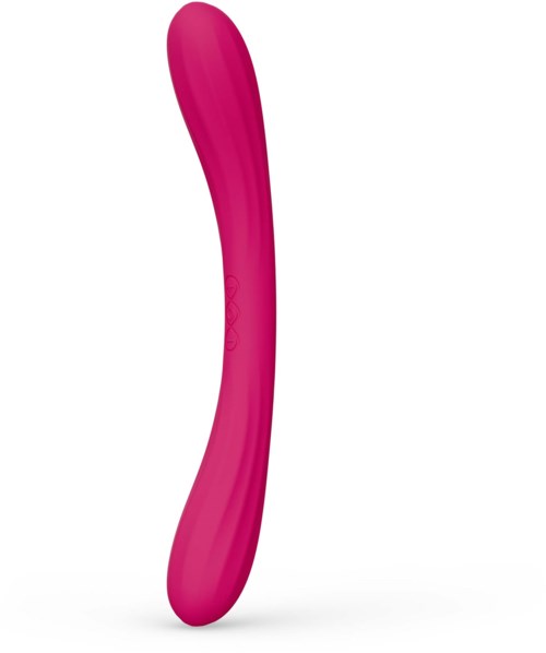 A pink curved object, smooth and elongated, standing vertically on a white background.