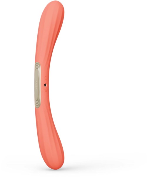 A pink, curved object with a small button and a gray band in the middle.
