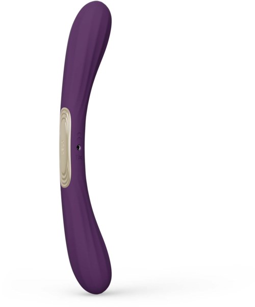 A purple curved device with a beige button in the middle and a small hole.