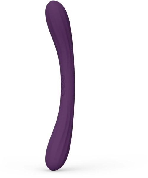A purple curved object with buttons, shaped like a small, smooth, elongated stick.