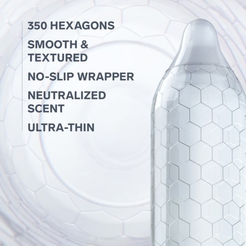 Teksten beskriver et produkt med 350 hexagoner, glat, tekstureret, skridsikker, neutral duft, ultratyndt design.