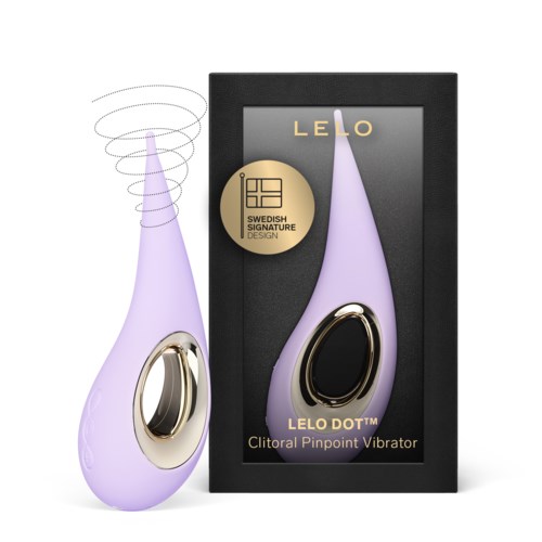 Violetti klitorik exteriores vibraattori kultakorvikkeella ja kultakierukalla, pakkauksessa lukee "LELO DOT" ja "Clitoral Pinpoint Vibrator."