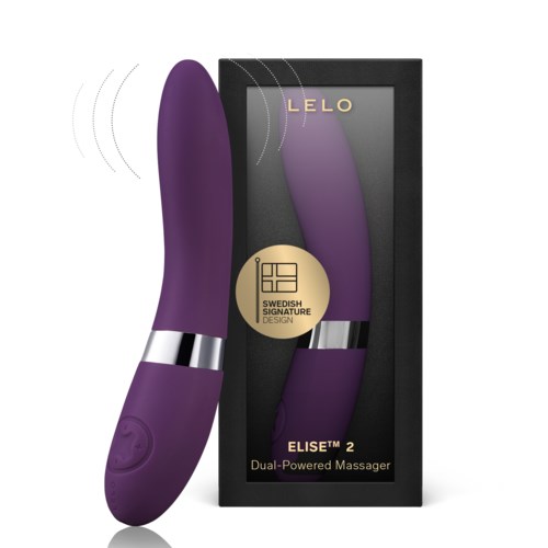 A purple dual-powered massager with a silver band, along with its black packaging box labeled Elise 2.
