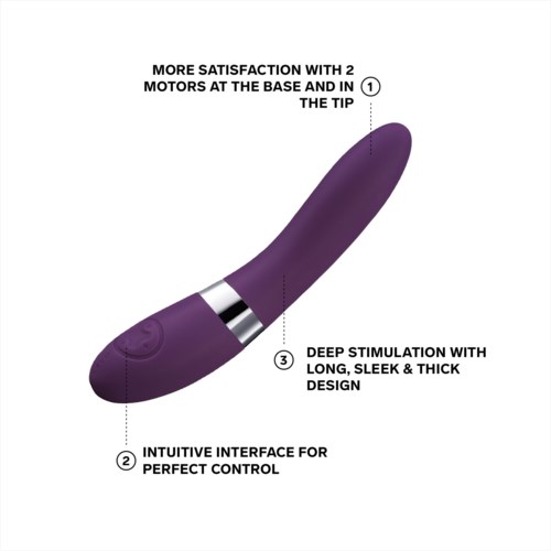 A purple vibrator with a metallic ring, featuring a curved shape, and labeled with features for satisfaction and control.