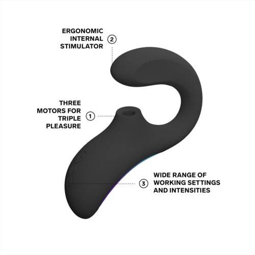 A curved device with three key features: internal stimulator, internal motor for pleasure, and adjustable settings.