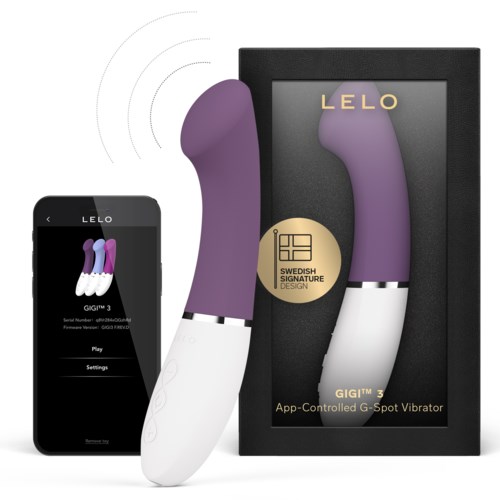 A purple and white app-controlled vibrator with packaging, and a phone displaying its app interface.