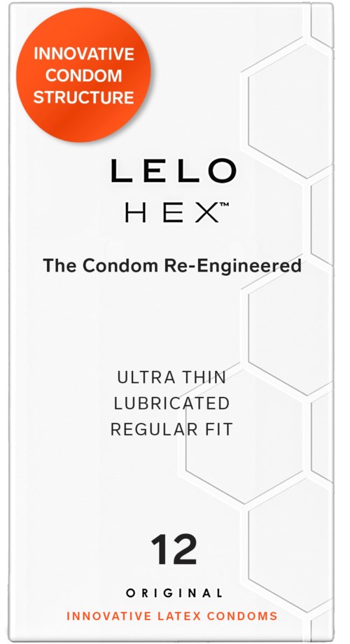 Verpackung für LELO HEX-Kondome, hebt innovative Latex-Struktur hervor, ultradünn, geschmiert, reguläre Passform, 12 Kondome.