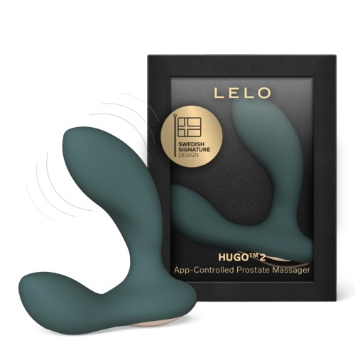 A black box with the word 'LELO' contains a blue, curved prostate massager called HUGOTM2, app-controlled.