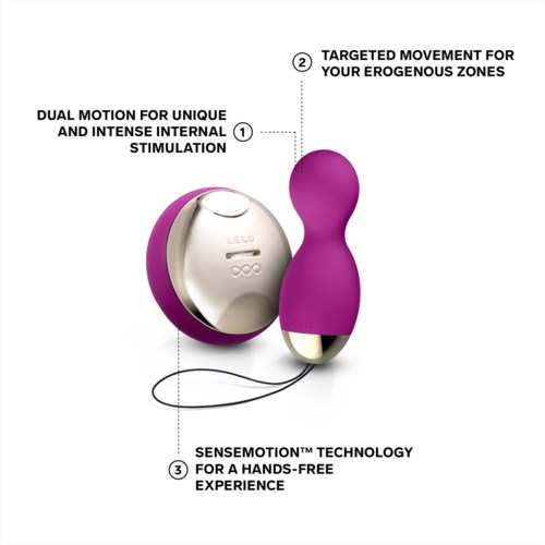 Paars en wit apparaat met tekst over gerichte beweging, dubbele beweging en technologie voor een handsfree ervaring.