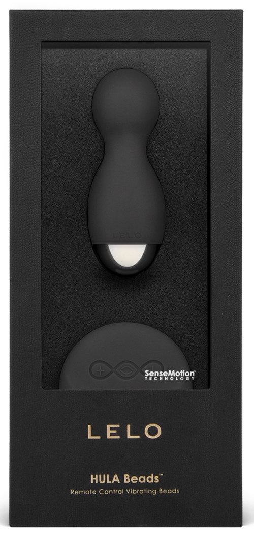 Eine schwarze Box enthält LELO HULA Beads, eine Vibrationsfernbedienung in Flaschenkörperform mit rundem Boden.