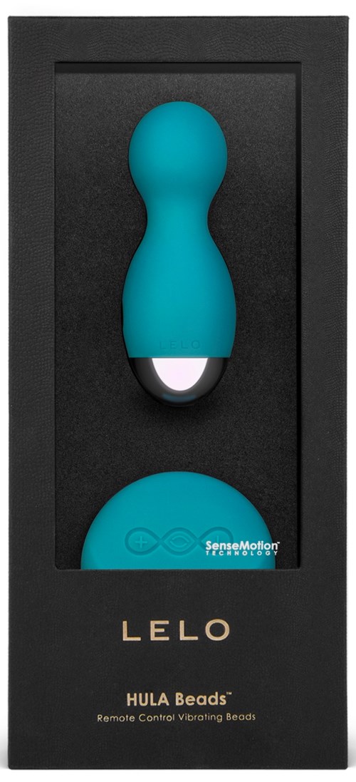 Ein blauer Vibrator in einer schwarzen Verpackung mit goldener Aufschrift und transparentem Fenster.