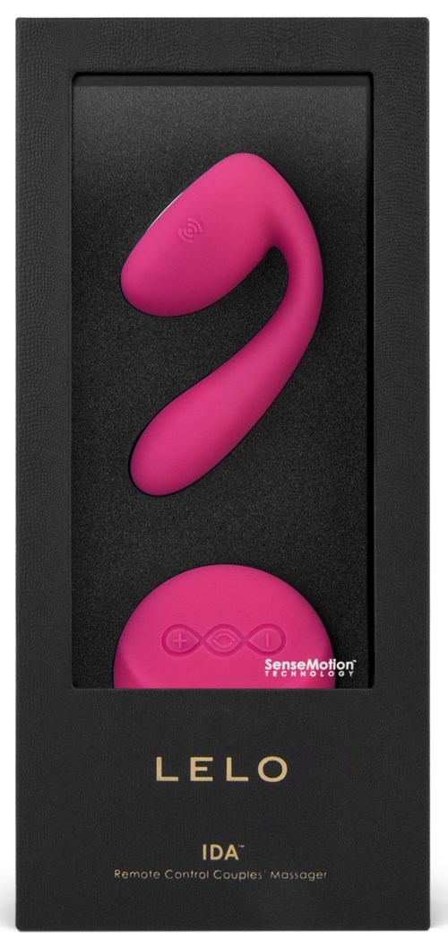 En rosa böjd pryl i en svart box märkt 'LELO'. Den är en fjärrstyrd massageenhet.