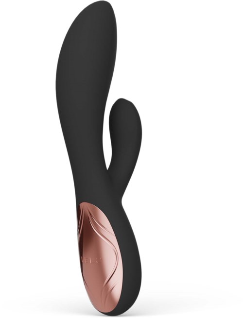 Svart vridbar vibrator med roséguldsstativ och texturerad yta.